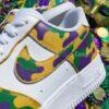 Custom Mardi gras Camouflage Air Force 1, Hand-painted Purple Yellow Green Camo Splatter AF1 Sneaker - Image 4