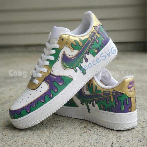 Alternative view of Mardi Gras Custom Drip Air Force 1 Sneakers, Hand-Painted Purple Green Gold Drip AF1 Shoes