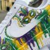 Custom Mardi Gras Air Force 1 Sneakers, Hand-Painted Purple Green Gold Drip AF1 Shoes - Image 3