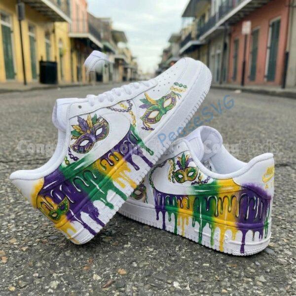 Alternative view of Custom Mardi Gras Air Force 1 Sneakers, Hand-Painted Purple Green Gold Drip AF1 Shoes