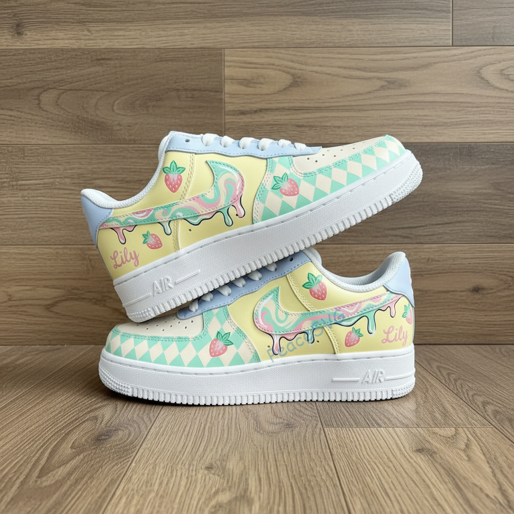 Custom Strawberry & Cream Pastel Air Force 1: Hand-Painted AF1 Sneakers
