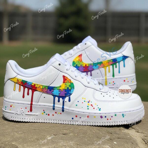 Hand-Painted Autism Awareness Air Force 1 For Kids: Rainbow Puzzle Swoosh