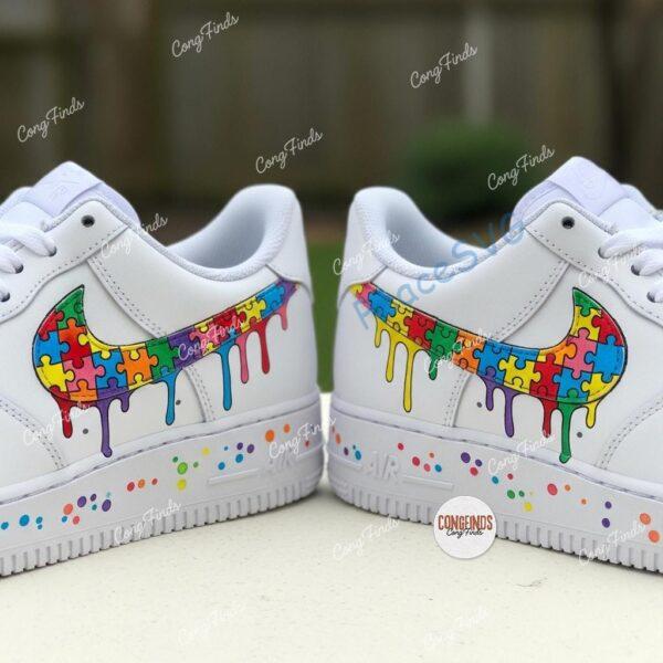 Alternative view of Hand-Painted Autism Awareness Air Force 1 For Kids: Rainbow Puzzle Swoosh